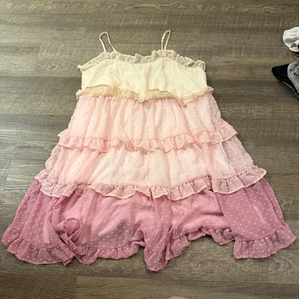 Tiered Pink and Cream Ruffle Mini Dress